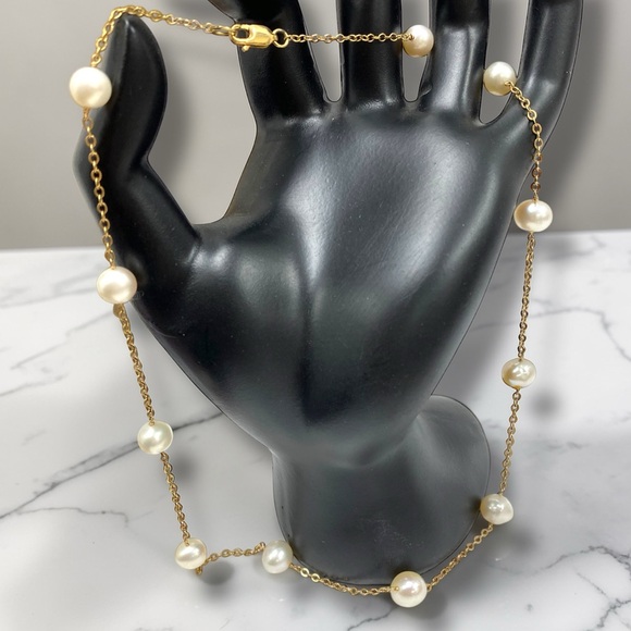 GORGEOUS Vintage 14k Yellow Gold Pearl 17.5” Station Necklace!